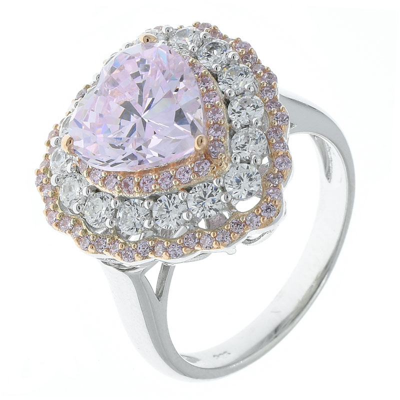 Women Heart Shape Diamond Pink CZ Jewelry Ring