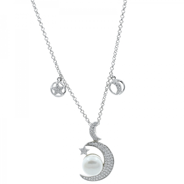 China 925 Sterling Silber Halbmond Stern Perlenkette 