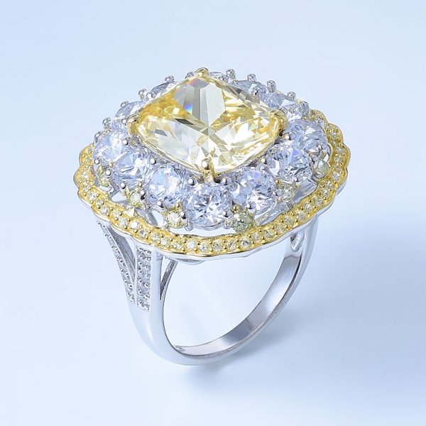 Ring aus 925er Sterlingsilber mit zwei Halo-Blumen und Diamanten in Gelb cz 
