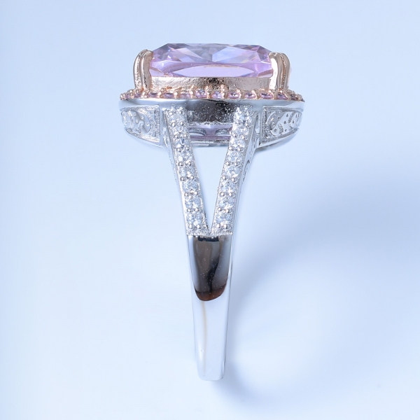 925er Sterlingsilber-Halo-Diamantrosa-Zirkonia-Ring mit geteiltem Schaft 