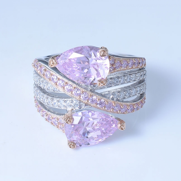 Bipass-Ring aus 925er Sterlingsilber mit mehreren Diamanten und Diamantrosa cz 
