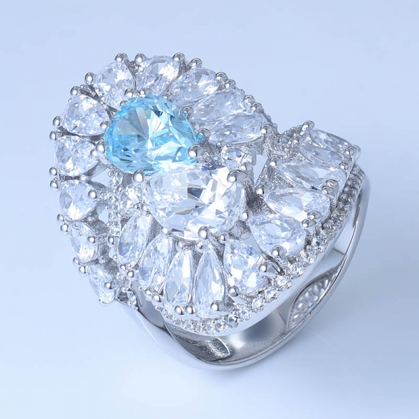 Aqua Zirkonia Rhodium über Sterling Silber Zentrum Design Wirbel Bänder Ring 