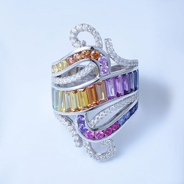 Regenbogen Multi Color Rhodium über Sterling Silber Designer Ringe 