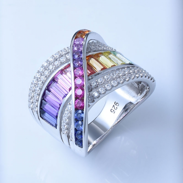 Regenbogen Multi Color Rhodium über Sterling Silber Riband Ringe 