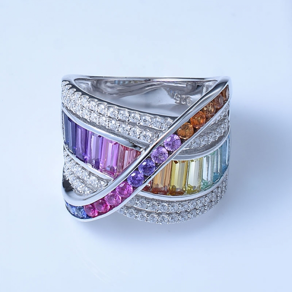 Regenbogen Multi Color Rhodium über Sterling Silber Riband Ringe 