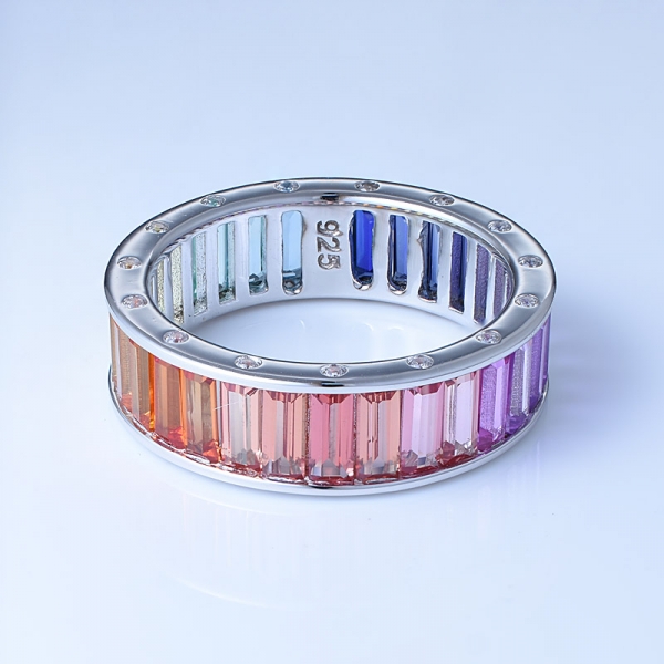 Baguette geschnittene Multi Color Korund Rhodium über Sterling Silber Regenbogen Ringe für Frauen 