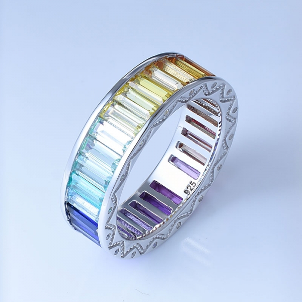 Baguette schneiden Multi Color Korund Rhodium über Sterling Silber Antik Regenbogen Ringe 