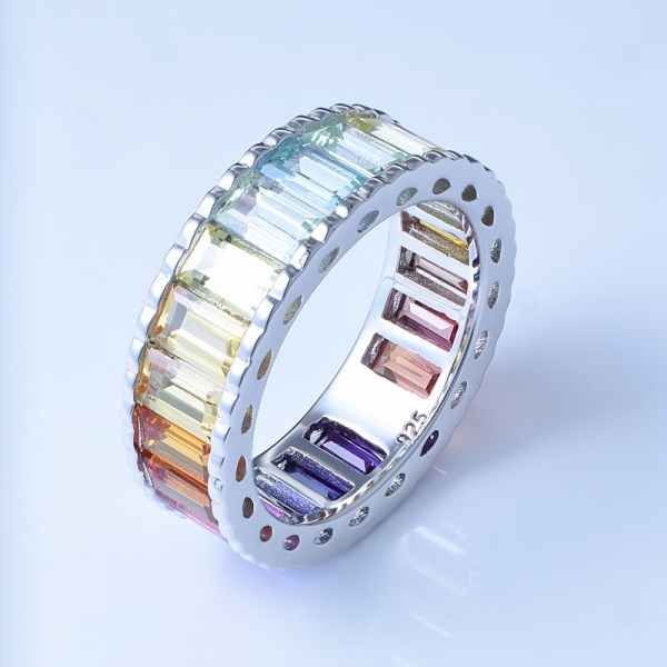 Baguette schneiden Multi Color Korund Rhodium über Sterling Silber Regenbogen Promi-Ringe 