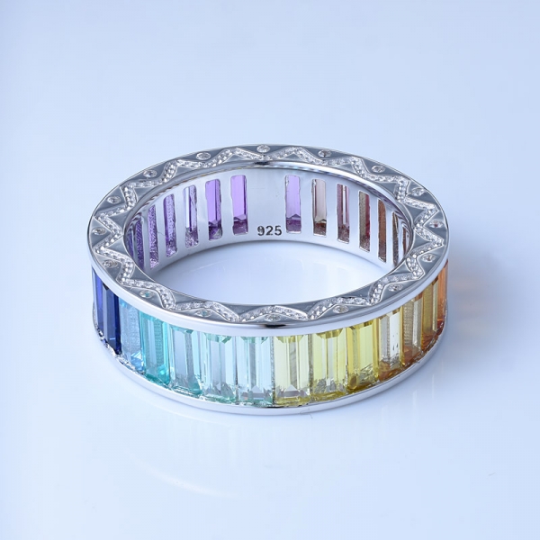 Baguette schneiden Multi Color Korund Rhodium über Sterling Silber Antik Regenbogen Ringe 