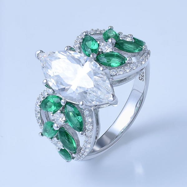 grüner Smaragd & weißes CZ-Rhodium über Sterlingsilber-Marquise-Ringen 