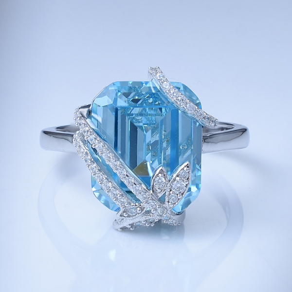 8.0ctw Smaragdschliff Aqua blau CZ über Sterling Silber Blume Ring Set Schmuck 