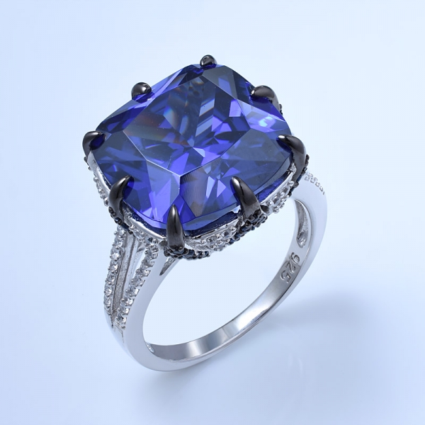 Kissen geschliffen erstellt blau Tansanit Rhodium über 925 Sterling Silber Engagement Brautring 