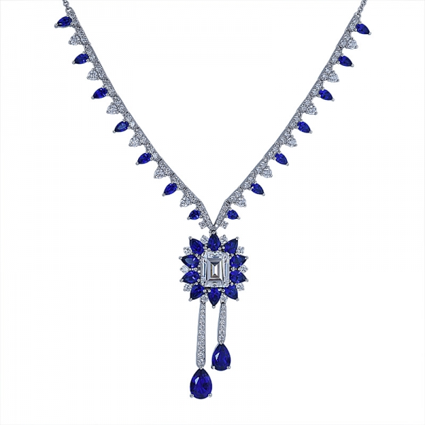 edler Schmuck ausgefallene Halskette 925 Sterling Silber Birnenblau Saphir Halskette 