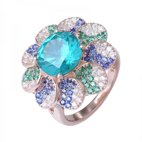Großhandel Edelstein Silber Edelstein Ring 4.0ct rund geschnitten Paraiba blau Topas Blütenform Ring 