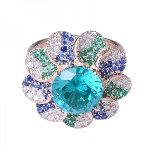 Großhandel Edelstein Silber Edelstein Ring 4.0ct rund geschnitten Paraiba blau Topas Blütenform Ring 