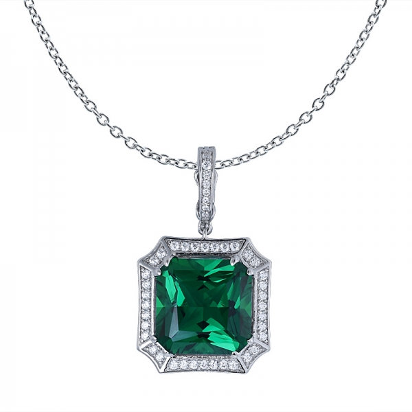 Echte 925 Sterling Silber Prinzessin Schnitt Synthetischen Smaragd Stein Anhänger Halskette Schmuck 
