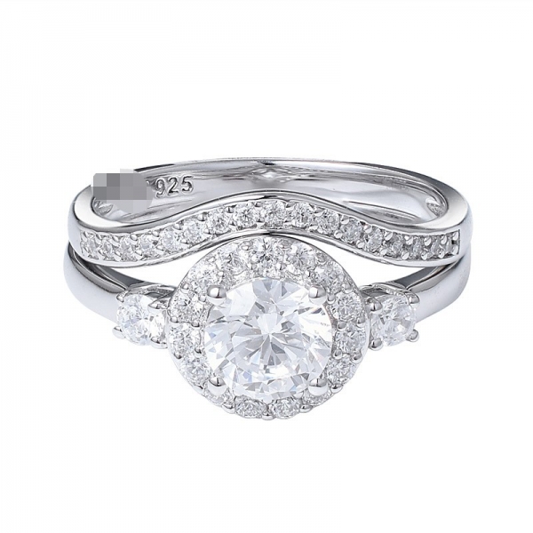 Großhandel 925 sterling Silber Runder Schnitt Diamant Braut-Split Schaft Halo Hochzeit Ring Set 