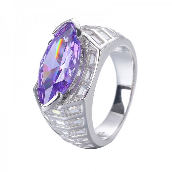 Phantasie Marquise Form Lavendel und weißes Baguette CZ Rhodium über Sterling Silber Ring 