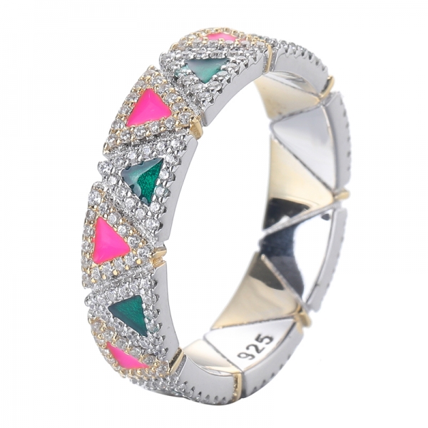 Dreieck rosa und grünes Emailgelbgold und Rhodium über Sterling Silber Ring 