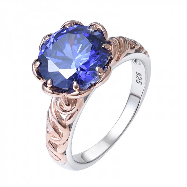 925er Sterlingsilber 3,5 Karat runder Verlobungsring aus blauem Tansanit und weißem Diamant 