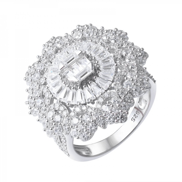 925 Sterlingsilber klares weißes Zirkon Rhodium über Blütenform Ring 