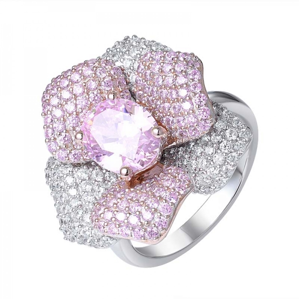 Labor erstellt rosa Diamant 2ctw oval geschnittenes Rhodium über silbernem Rosenblütenring 