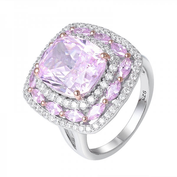 Kissen schneiden rosa Diamant Simulant Rhodium über silbernem Halo-Ring 