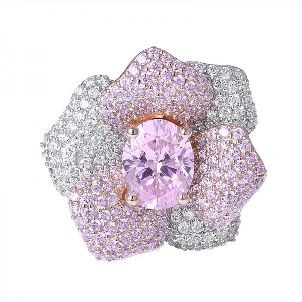 Labor erstellt rosa Diamant 2ctw oval geschnittenes Rhodium über silbernem Rosenblütenring 