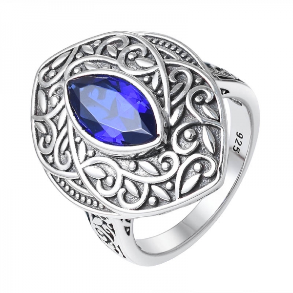 Marquisen schneiden blauen Saphir schwarz plattiert 925 Silber Schmuck Ring Lieferant 