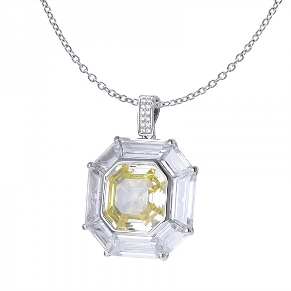 Asscherschliff simuliert Rhodium aus gelbem Diamant über einem Kristallanhänger aus Sterlingsilber 