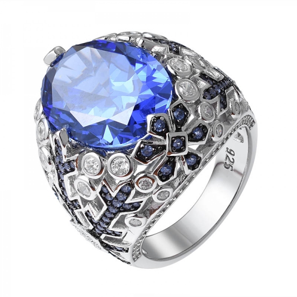ovaler Schnitt erzeugt blau Tansanit Stein 2 Ton über Sterling Silber Verlobungsring plattiert 