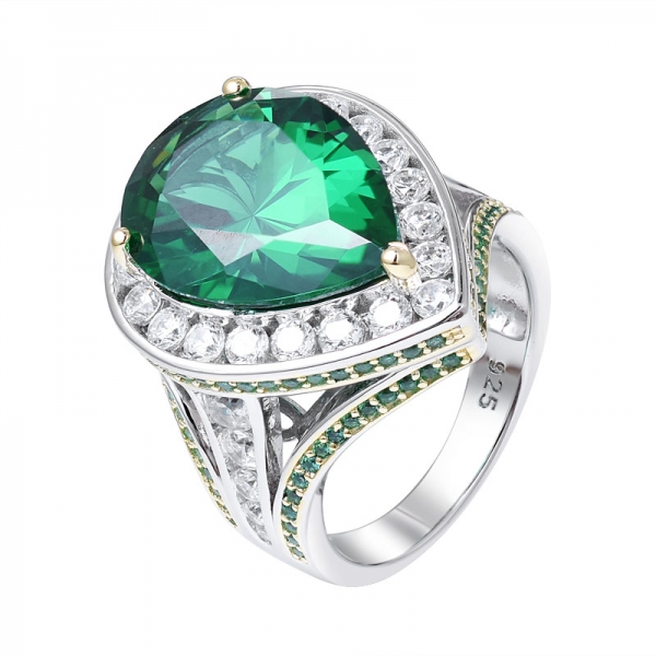 Birnenschliff grüner Smaragd erzeugte Rhodium über 925 Sterling Silber Ring 