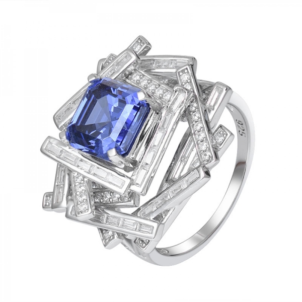 blau Tansanit erstellt Asscher Rhodium über 925 schneidenSterling Silber Ring Set Schmuck 