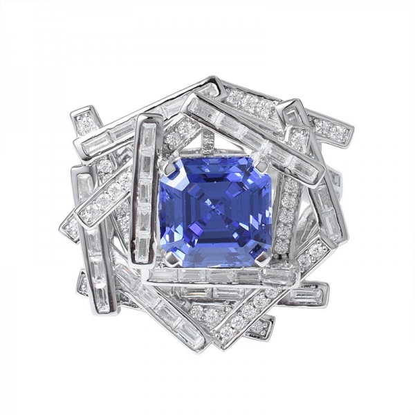 blau Tansanit erstellt Asscher Rhodium über 925 schneidenSterling Silber Ring Set Schmuck 