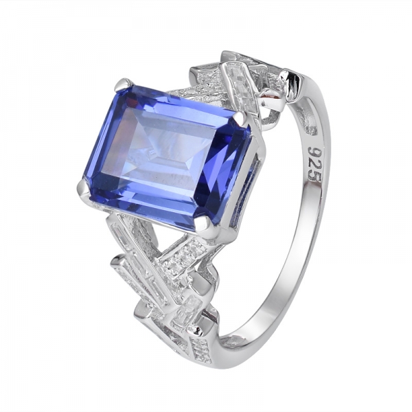 blau Tansanit Rhodium im Smaragdschliff über 925 erstelltSterling Silber Ring Set Schmuck 