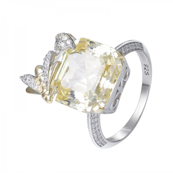 Labor erstellt Gelb Diamond Asscher Schneiden Sie 2 Ton über den Sterlingsilber-Verlobungsring 