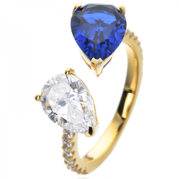 Blau Sapphire & White Zirkonia-Birnen-Birne geschnittenes Gelbgold über Sterlingsilber-Saphir-Verlobungsring 