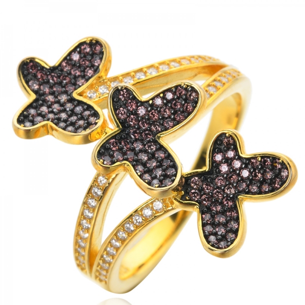 Gelbgold Schokoladen-weiße und braune Mokka-Zirkonia-Statement-Ringe, Schwarze Eheringe für Damen 