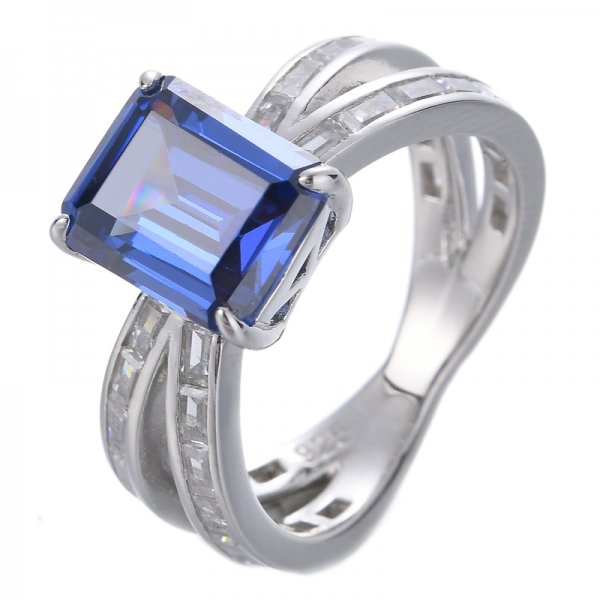 Weißgold 8 * 10 mm Smaragdschliff blauer Tansanit Dezember Edelstein Diamant-Verlobungsring
 