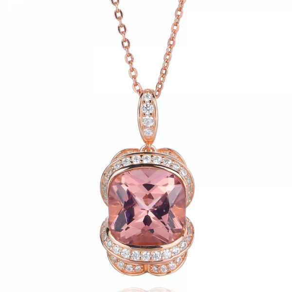 Erstellt 10,0 mm Kissen rosa Morganit Edelstein & runder Diamant Damenanhänger
 