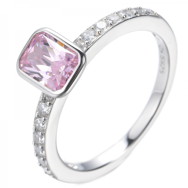 Weißer und rosafarbener Diamant-CZ-Achteck-Rhodium-Silberring
 
