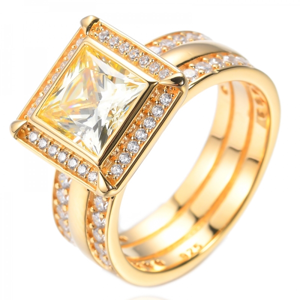 925 Prinzess-Schliff-Diamant-gelber kubischer Zorcon-vergoldeter Silberring
 