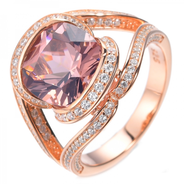 Cushion Lab-Created Pink Morganite Center Rose Gold Plating Silver Ring
 