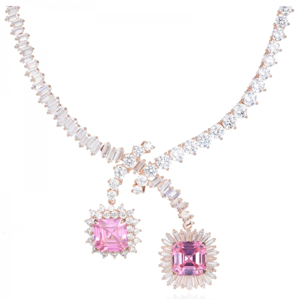 Luxuriöse rosa und weiße Zirkonia 18 Karat Roségold-Silber-Brauthalskette
 