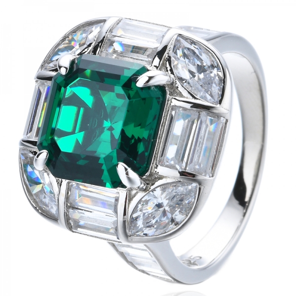 Asscher Cut Lab-Created Smaragd Center Rhodium Plating Stelring Silver Ring
 