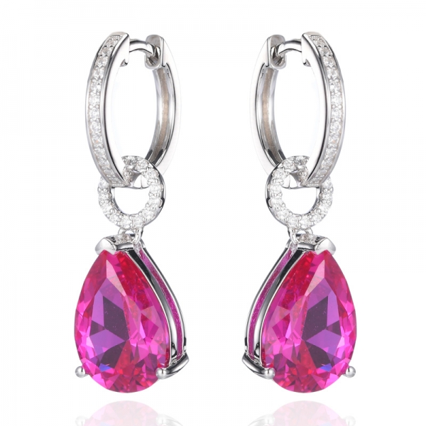 925 Pear Lab-Created Pink Sapphire Rhodium Plating Silver Dangle Ohrringe
 