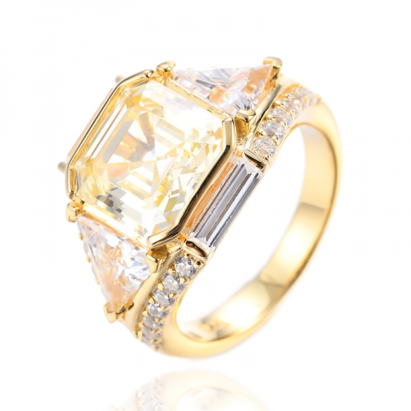 925 Asscher Cut Canary Cubic Zirkonia Center 18K Gelbgold vergoldeter Silberring
 