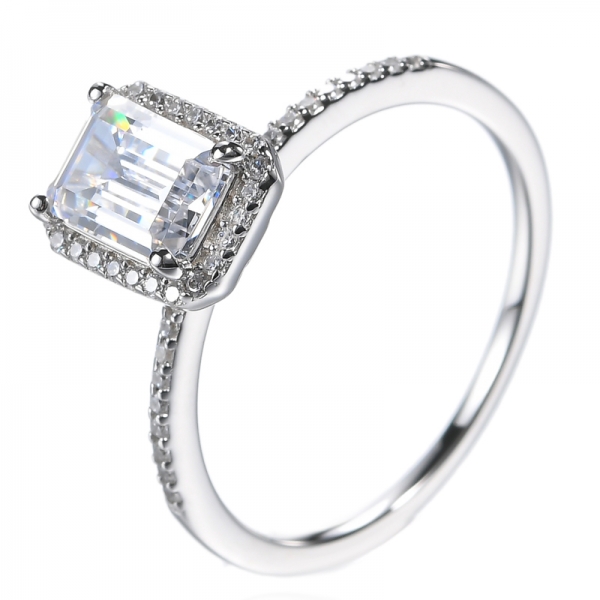 Sterling Silber AAA CZ Emerald Cut Erstellt Diamond Halo Verlobungsring
 