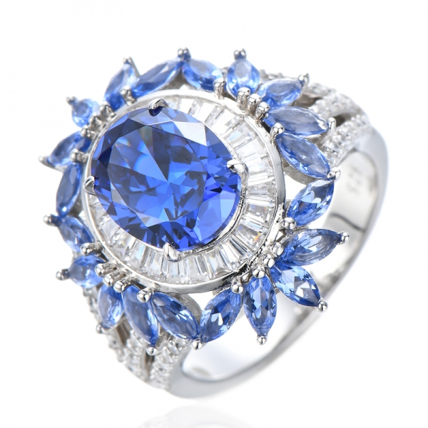 Halo-Verlobungsring aus Sterlingsilber mit CZ-Diamanten im Ovalschliff mit Tansanit und Marquiseschliff 