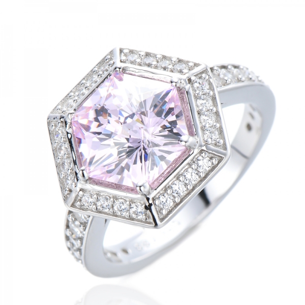 Hellrosa Diamant-Halo-Ringe aus 925er Sterlingsilber mit Zirkonia im Hexagon-Schliff 